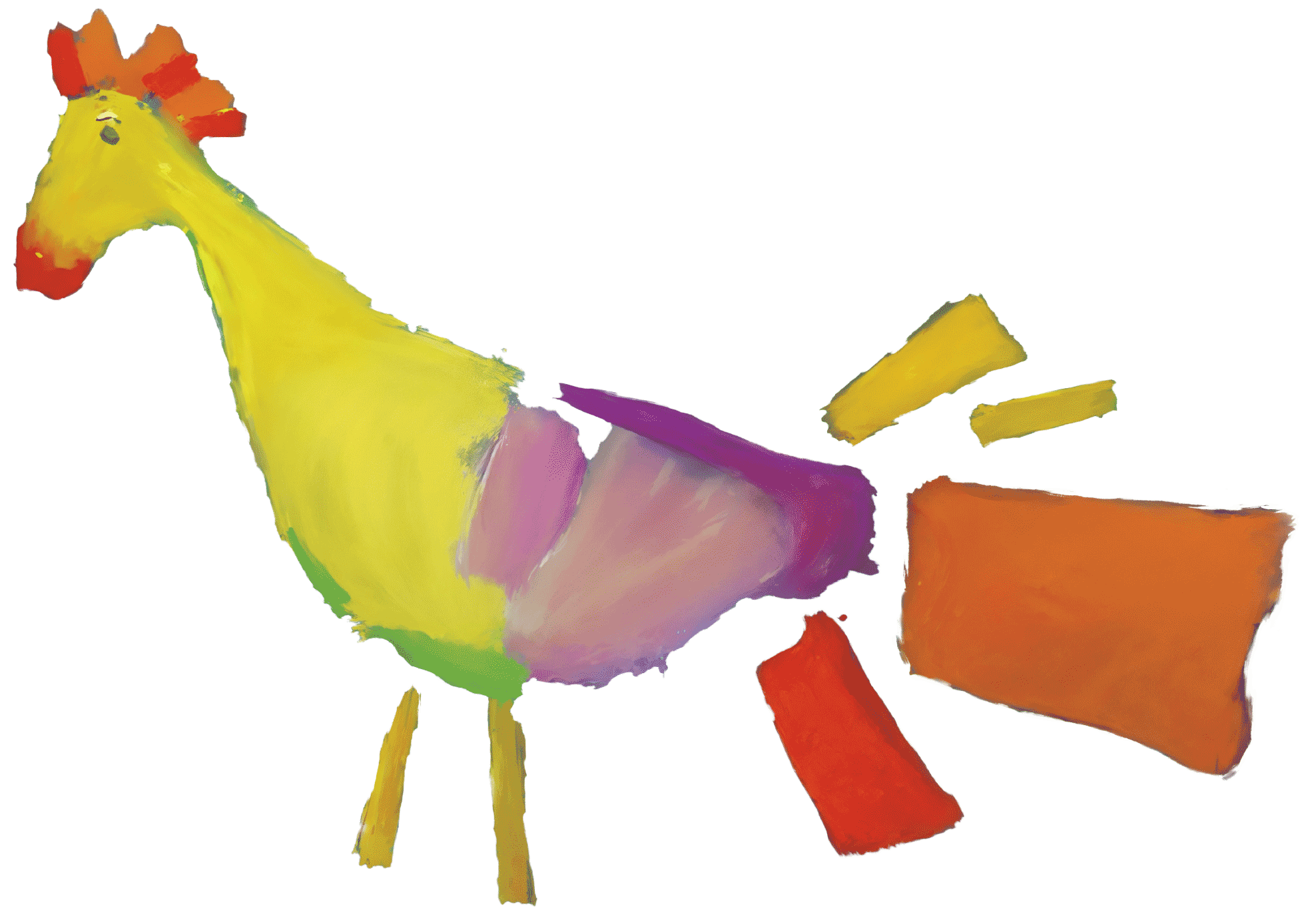 A hand-painted, abstract chicken in bright yellow, orange, and purple, crossing a curvy road.